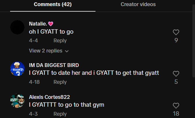 GYATT in TikTok comments